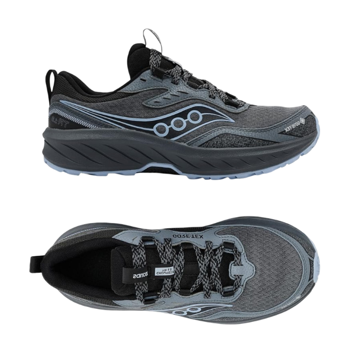 Pair of Saucony trail running shoes in dark grey and black with light blue accents, grey thick midsole and light blue outsole.
