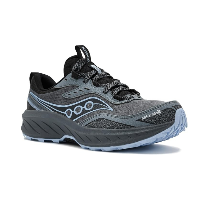 A Saucony trail running shoe in dark grey and black with light blue accents, grey thick midsole and light blue outsole.