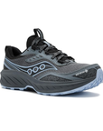 A Saucony trail running shoe in dark grey and black with light blue accents, grey thick midsole and light blue outsole.
