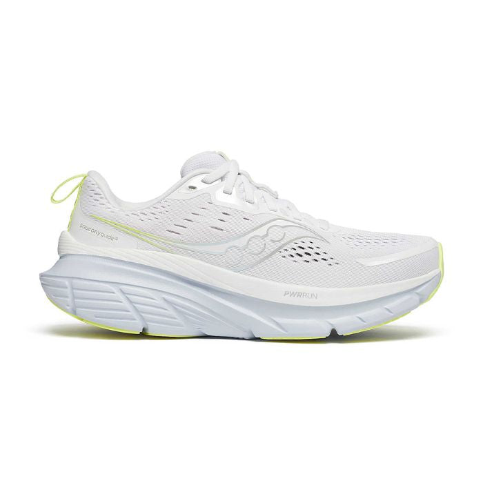 White running shoe with yellow accents and silver Saucony logo with a thick ice white outsole.