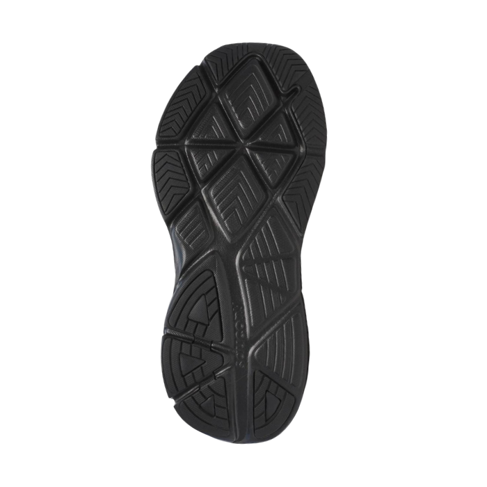 Black geometric patterned tread outsole of sneaker.