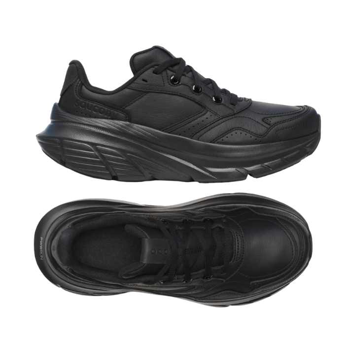 Pair of All black athletic shoes with thick outsole.