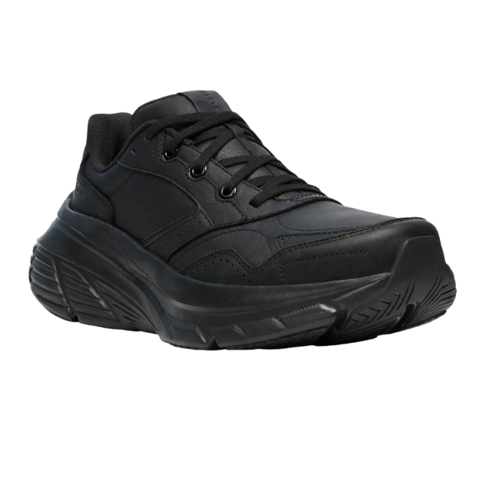 All black athletic shoe with thick outsole.