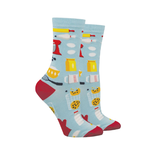 Blue socks with kitchen-themed pattern and red heel and toe caps.
