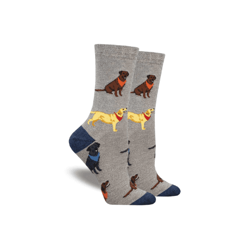 Socksmith Women's Loving Labradors bamboo crew socks featuring colorful Labrador dog patterns on a gray background with reinforced toes and heels.