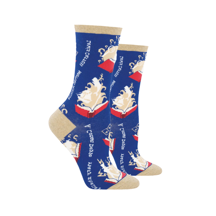 Pair of blue women's socks with red books with cloud boat coming out and text of authors names: Sherlock Holmes, Frankenstein, Alice in Wonderland, and Moby Dick.