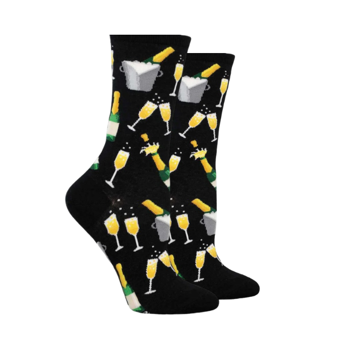 Black socks with champagne bottles, in ice buckets and filled glasses.