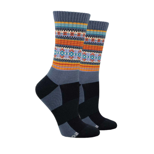 Pair of patterned socks with blue, orange, and black geometric designs.
