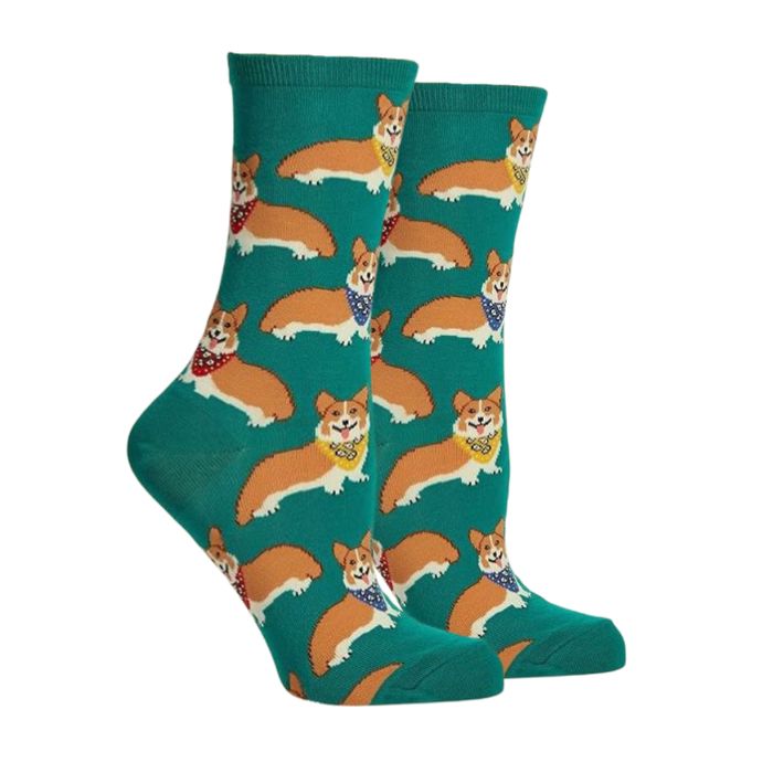 Emerald socks with corgi dogs wearing bandanas.