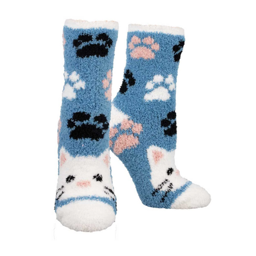 Pair of fuzzy blue socks with paw prints and cat faces.