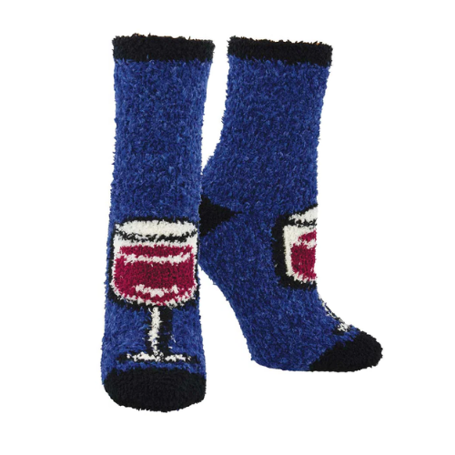 Blue fuzzy socks with red wine glass design.