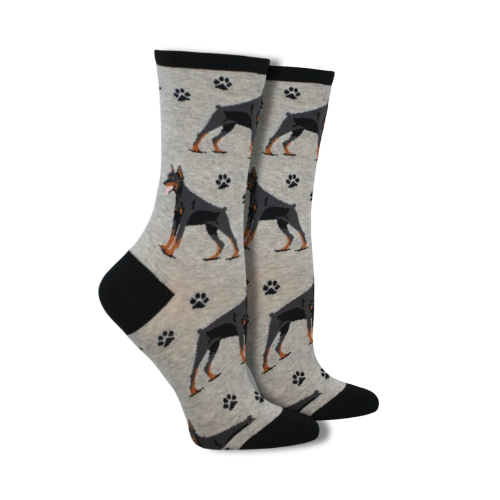 Gray socks with black accents and Doberman pinscher design.