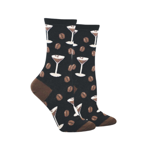 Black socks with martini glass and coffee bean pattern.
