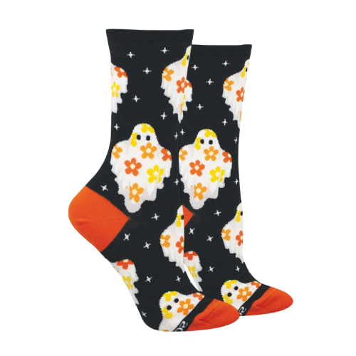 Black socks with orange flower pattern sheet ghosts, star details and orange heel and toe cap.
