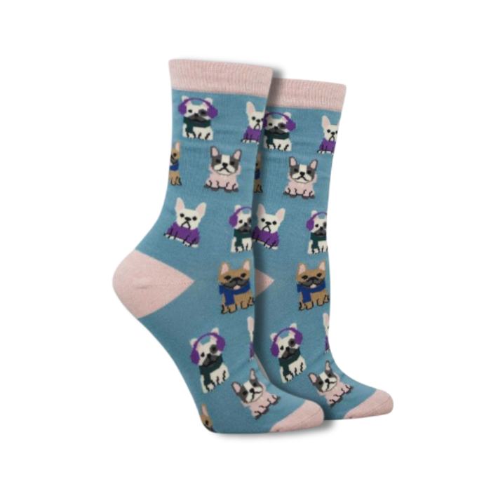 Light blue socks with frenchie dogs wearing winter muffs, scarves, sweaters.