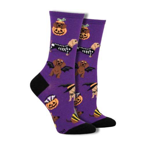 Dachshunds in Halloween costumes, including skeletons, witches, and bats, on purple socks.