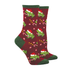 Red socks with green frog designs wearing Santa hats.
