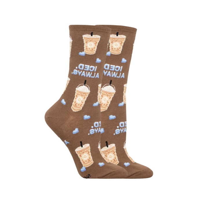 Socksmith Women's Iced Always Socks in brown with iced beverage design, featuring text 'Iced Always' text.