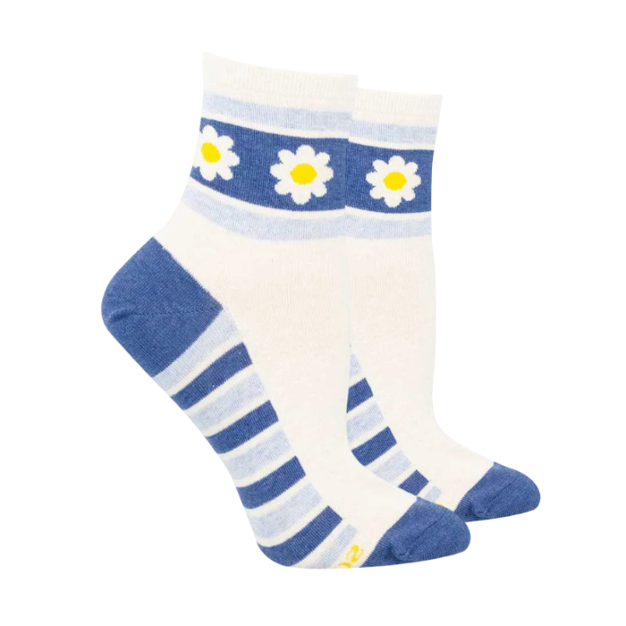 White socks with blue stripe accents and Daisy's around the cuff.