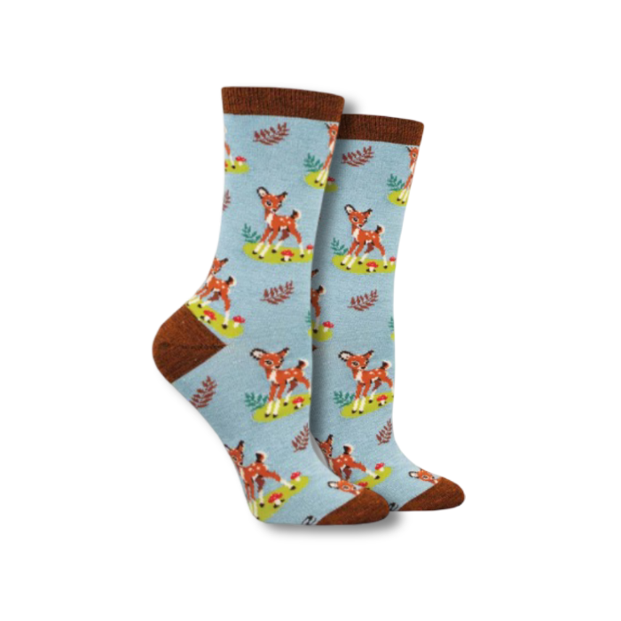 Light blue socks with baby deer woodland patterns and brown toe, heel and cuff.