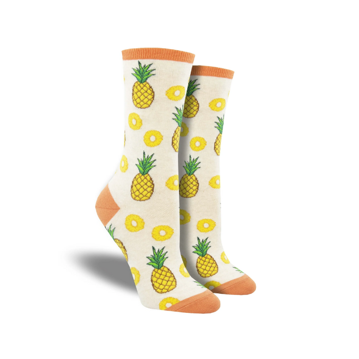 Women's beige crew socks with Pineapple print.