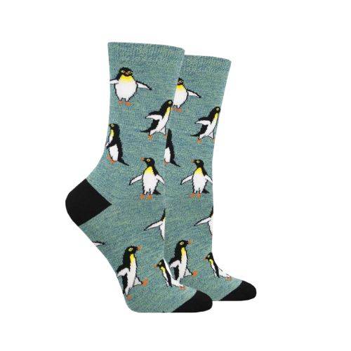 Green heather socks with penguins walking and black toe and heel cap.