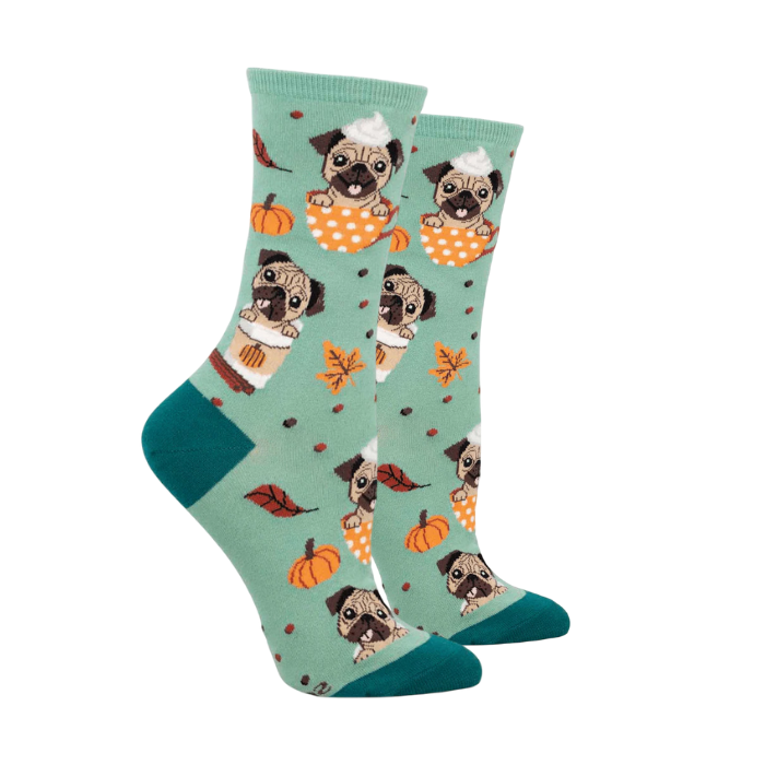 Socksmith Women's Pugkin Spice Latte Socks featuring pugs with pumpkin spice lattes, fall leaves, and pumpkins on a green background. 