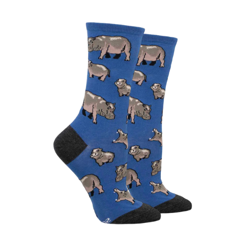 Blue socks with herd of hippos pattern.