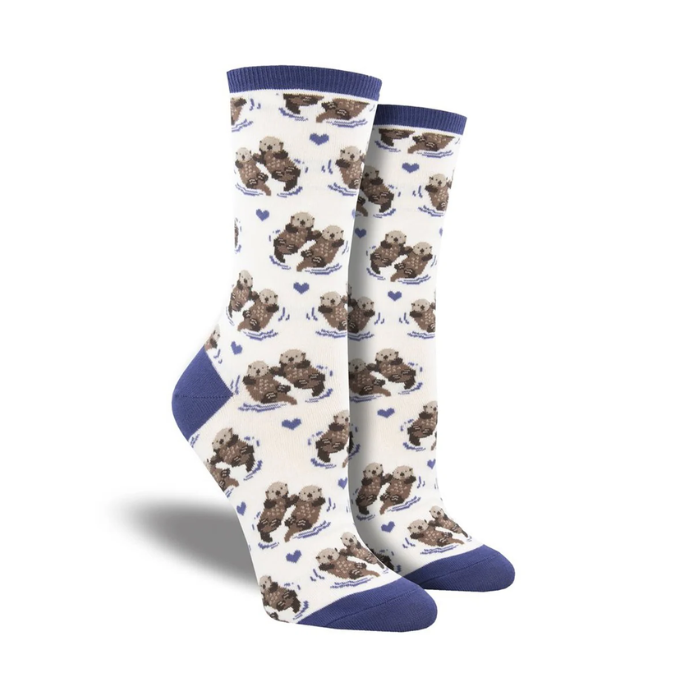 White Socks with two otters floating holding paws and blue cuff, heel and toe cap.