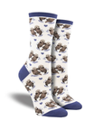 White Socks with two otters floating holding paws and blue cuff, heel and toe cap.