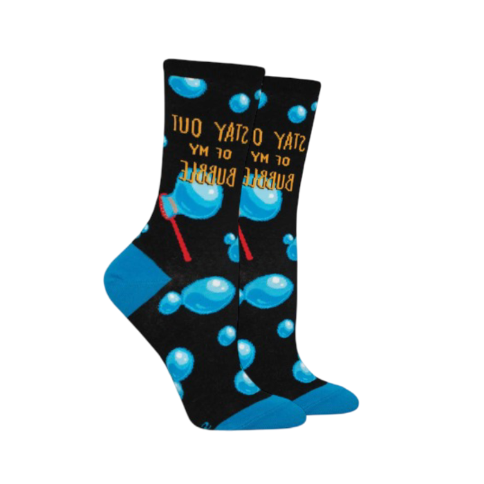 Black socks with blue bubbles and yellow text "Stay out of my bubble" near cuff/