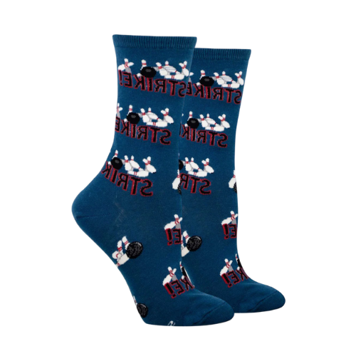 Blue socks with bowling design and 'Strike" text.