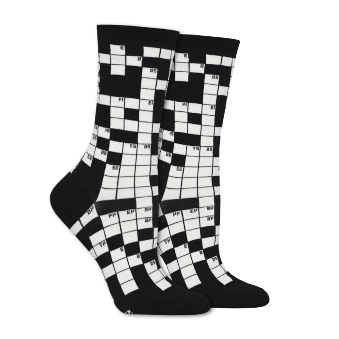 Black and white crossword puzzle patterned socks.