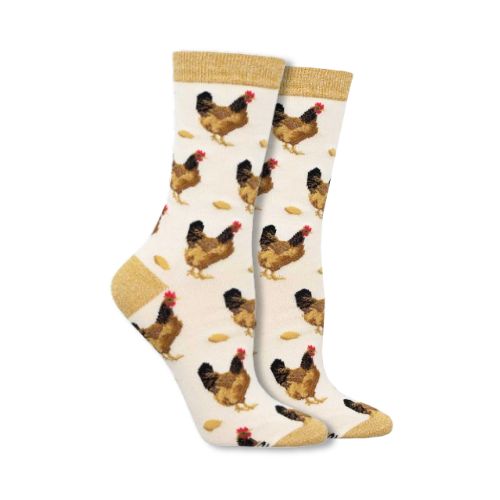 Ivory socks with chickens and eggs on them.