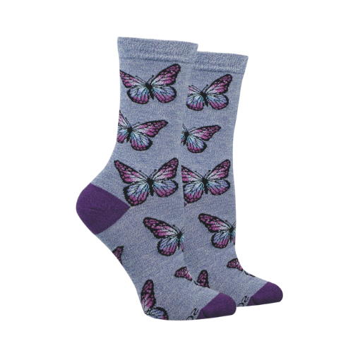 Soft purple socks with purple butterfly design.