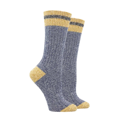 Pair of ribbed blue socks with yellow accents.