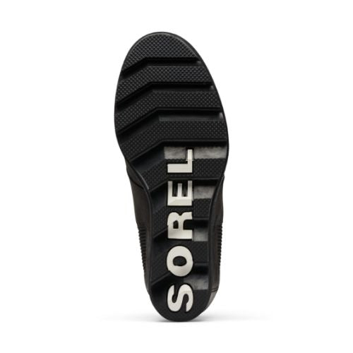 Black lugged outsole with white Sorel logo across heel.