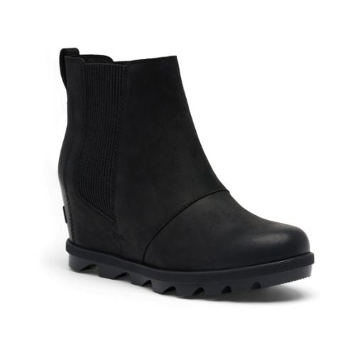 Black leather slip on wedge Chelsea boot with lugged outsole.