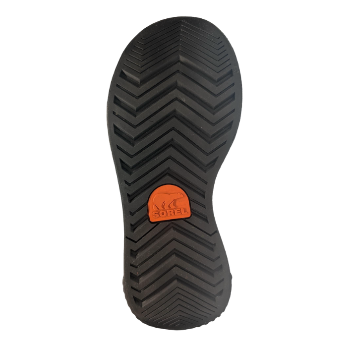 Black treaded outsole of rain boot with orange Sorel logo stamped in middle.