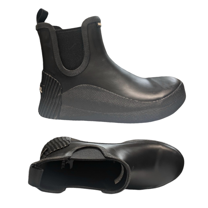 Pair of Black rubber Chelsea boots with black pull tab, black Sorel logo'd footbed and black side elastic panels.