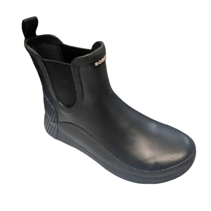 Black rubber Chelsea boot with black pull tab and black side elastic panels.
