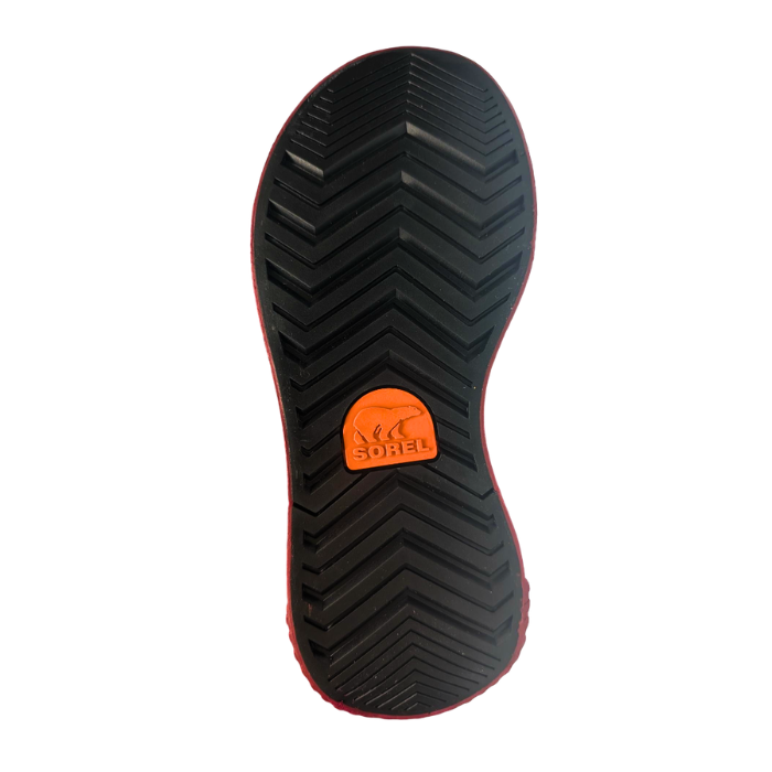 Black treaded outsole with red outline and orange Sorel logo in middle.