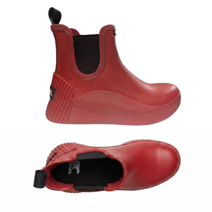 Pair of Red rubber Chelsea boots with black pull tab, black Sorel logo'd footbed and black side elastic panels.