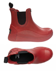 Pair of Red rubber Chelsea boots with black pull tab, black Sorel logo'd footbed and black side elastic panels.