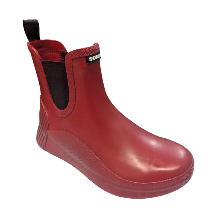 Red rubber Chelsea boot with black pull tab and black side elastic panels.