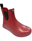 Red rubber Chelsea boot with black pull tab and black side elastic panels.