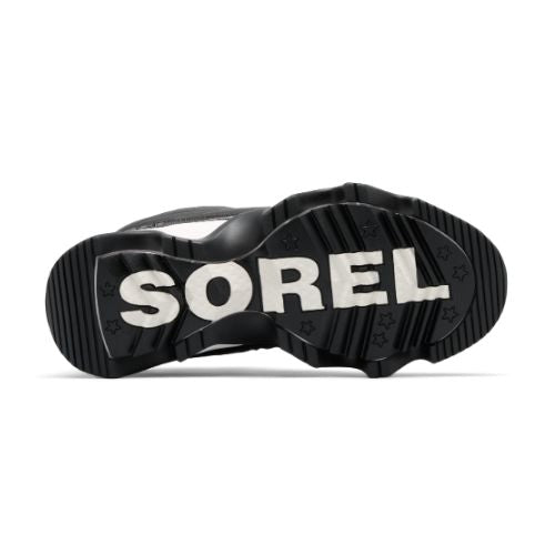 Black treaded outsole with white "Sorel" across middle with star details.