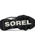 Black treaded outsole with white "Sorel" across middle with star details.