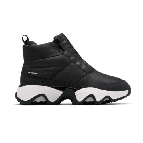 A black Puffy upper front Zip Ankle Boot with white midsole and a wave pattern rubber outsole.