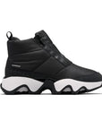 A black Puffy upper front Zip Ankle Boot with white midsole and a wave pattern rubber outsole.